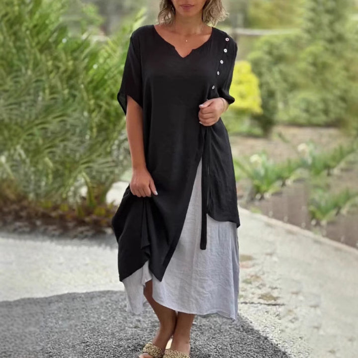 Women’s two-layer layered dress with asymmetric hem and decorative button placket StylebySassy