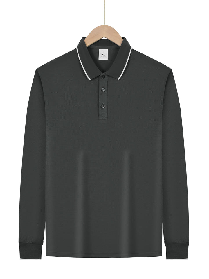 Men's long-sleeved pique polo shirt with contrasting piping at the collar and cuffs StylebySassy