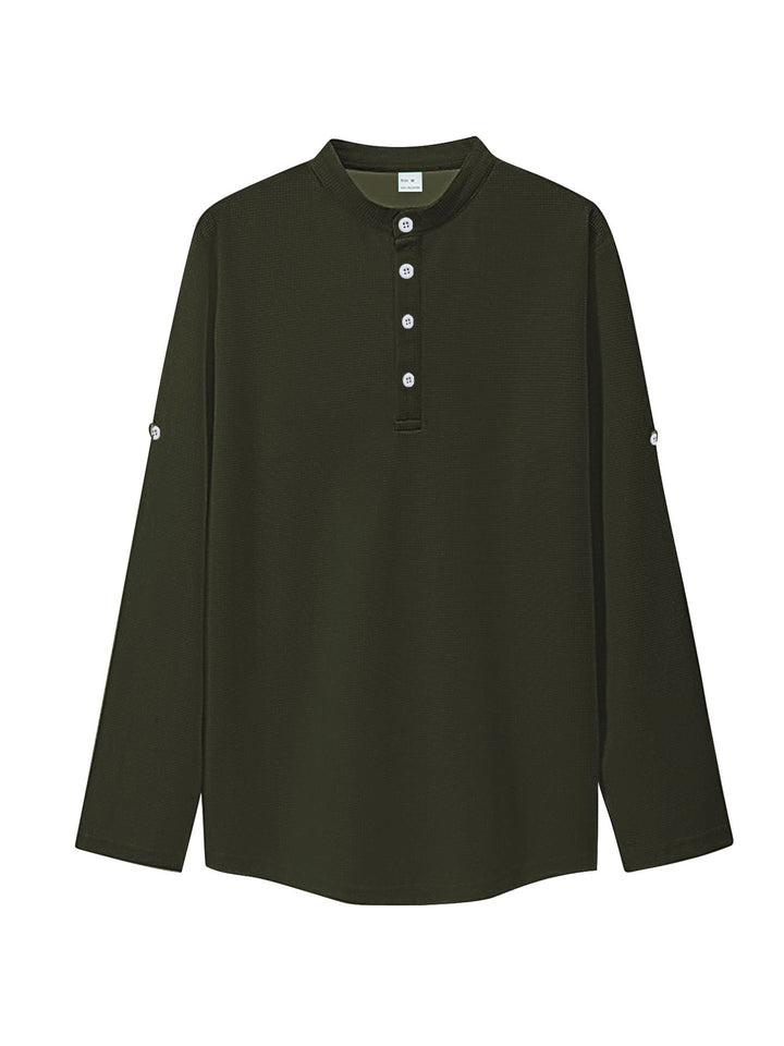 Women's oversized long sleeve Henley with stand-up collar waffle texture and sleeve fastening StylebySassy