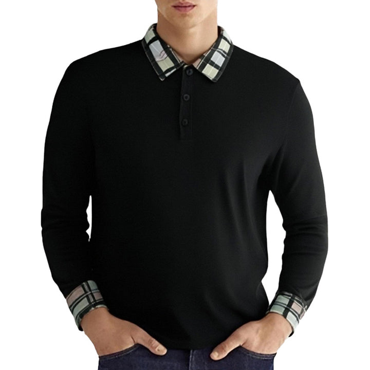Men's figure-hugging long-sleeve polo shirt with checked collar and cuff trim StylebySassy
