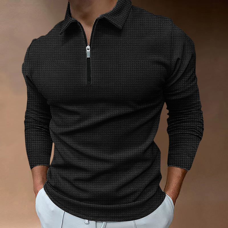 Men's long-sleeved polo shirt with kent collar, short front zip and fine waffle texture StylebySassy