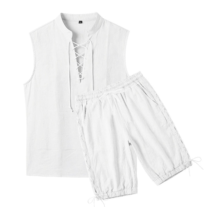 Men's sleeveless leisure set with lace collar and drawstring Bermuda StylebySassy