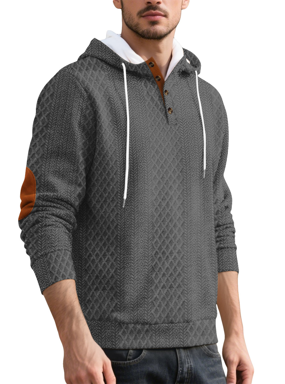 Men's nan diamond structure hoodie with short button placket, quilted hood inner edge, and suede elbow patch StylebySassy