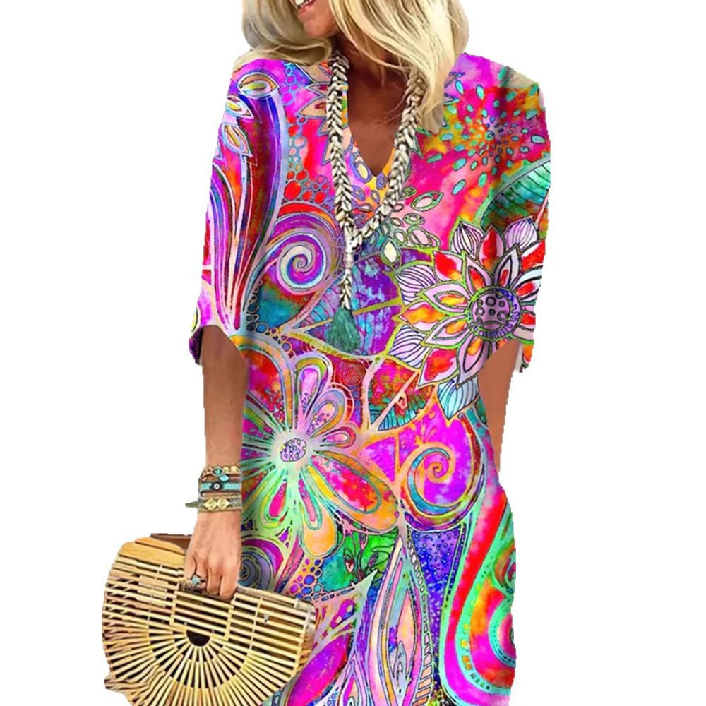 Women nan lightweight Boho kaftan dress with V-neck, loose silhouette, and three-quarter sleeves StylebySassy