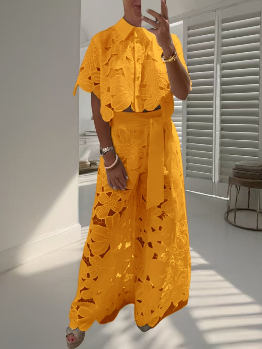 Women's two-piece lace embroidery set with short blouse and maxi skirt with tie belt StylebySassy