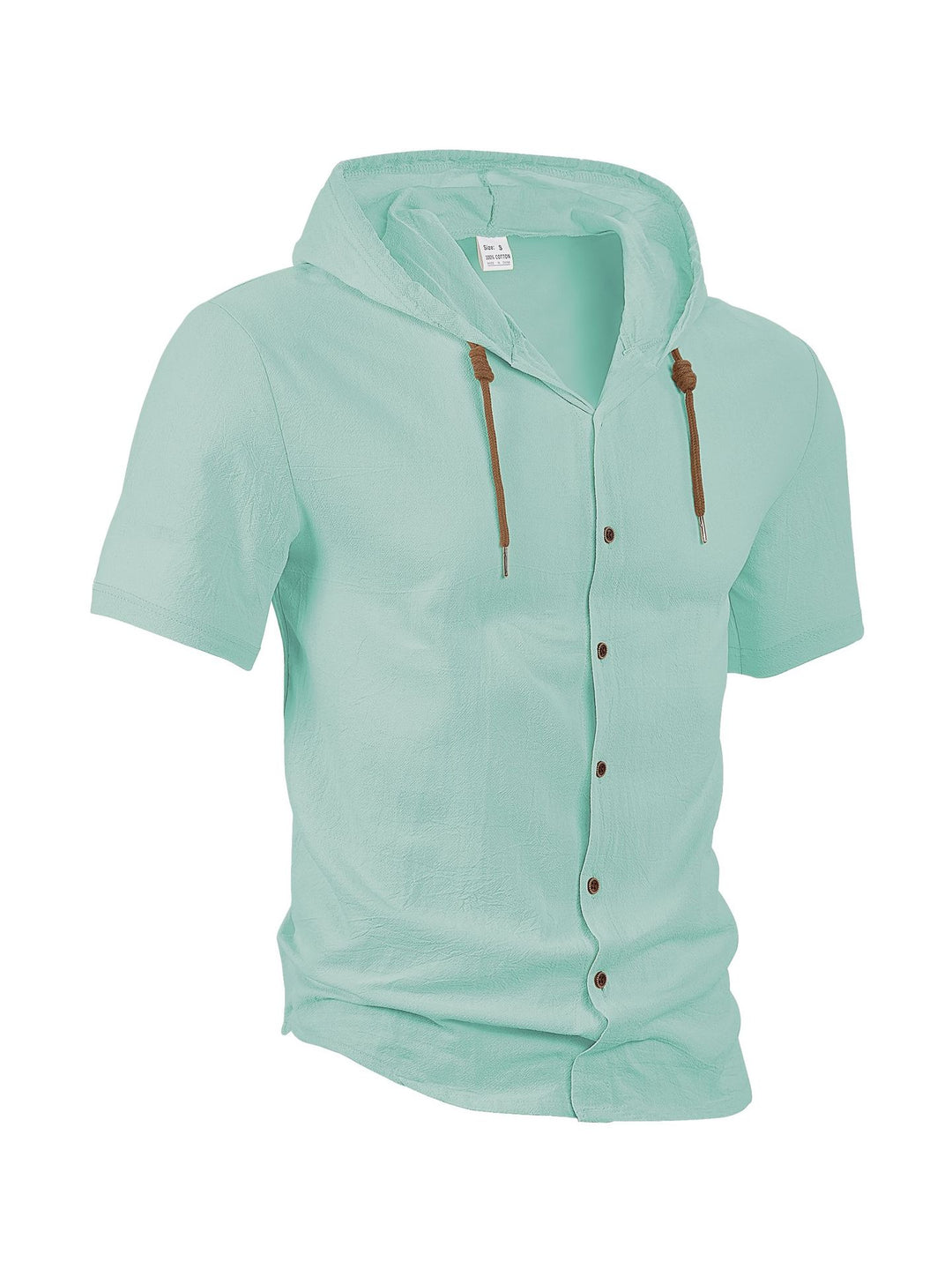 Men's crinkled short-sleeve hooded shirt made of cotton with button placket and drawstring StylebySassy