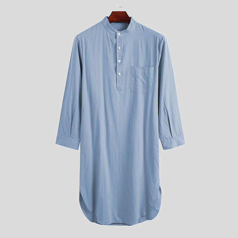 Men's long loose shirt with stand-up collar, chest pocket, and curved hem StylebySassy