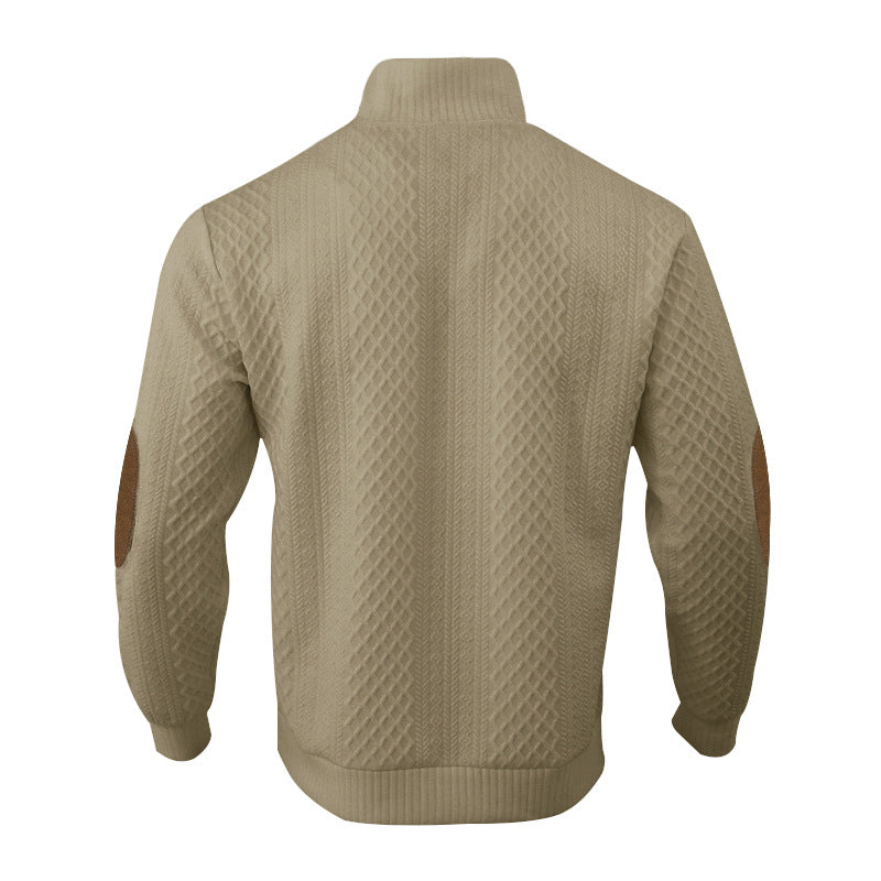Men's chunky knitted sweater with elbow patches, stand collar and button placket StylebySassy