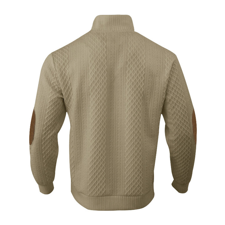 Men's chunky knitted sweater with elbow patches, stand collar and button placket StylebySassy