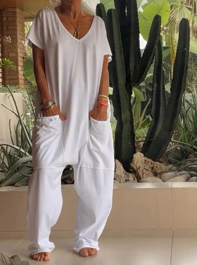 Women's comfortable oversized jumpsuit with V-neck, deep crotch and inset pockets StylebySassy