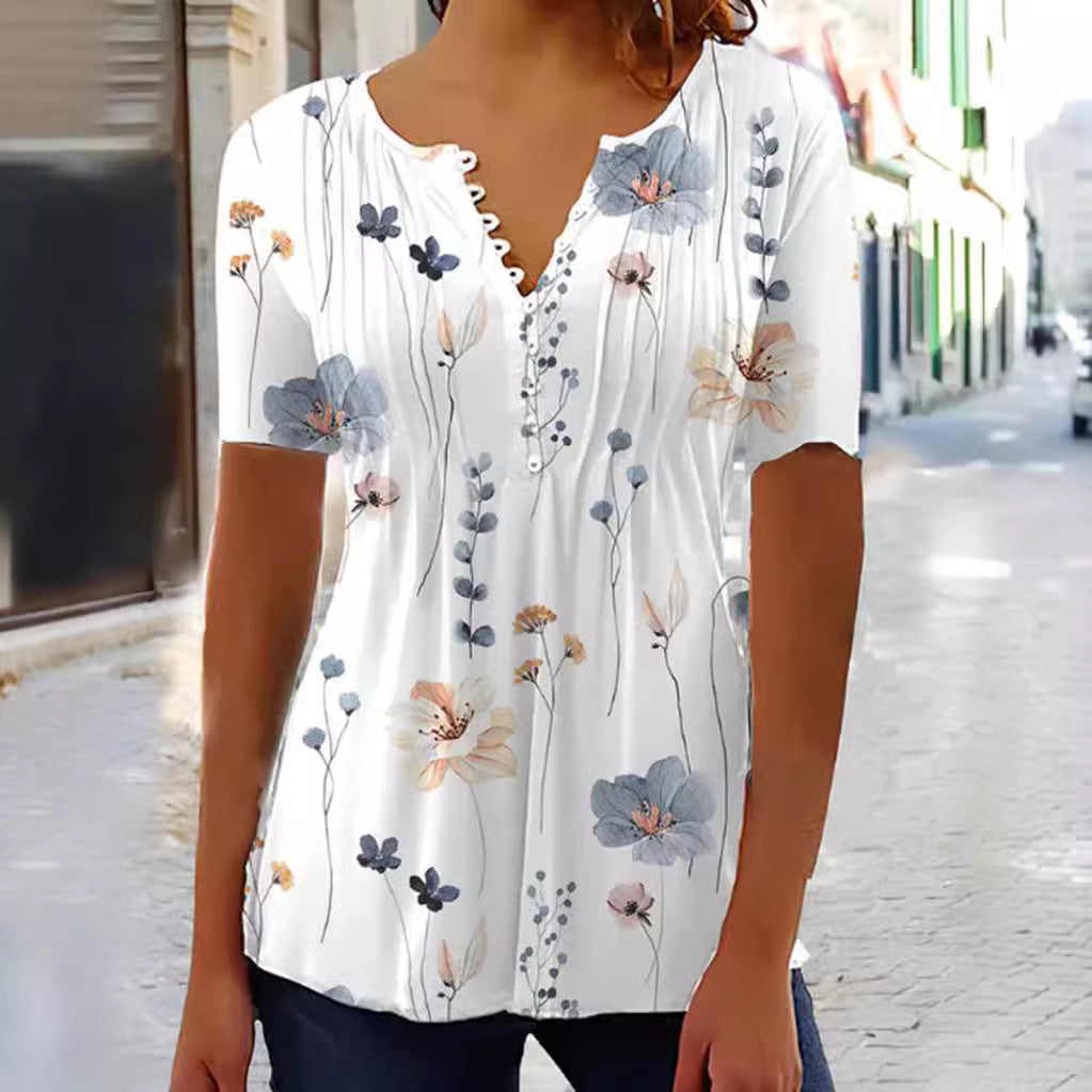 Women nan lightweight viscose tunic with decorative tuck pleats, half button placket and watercolor flower print StylebySassy