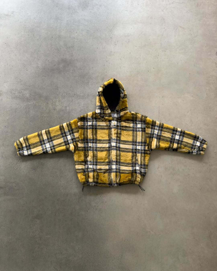Unisex non-padded plaid fleece bomber jacket with hood drawstring and zippered pockets StylebySassy
