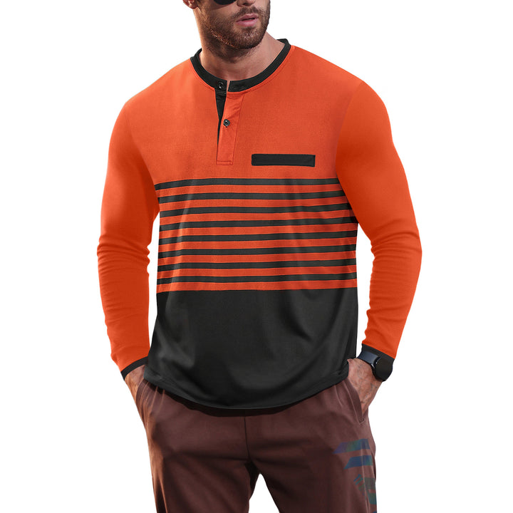 Men's modern long sleeve polo with Henley placket striped chest part and stand-up collar StylebySassy