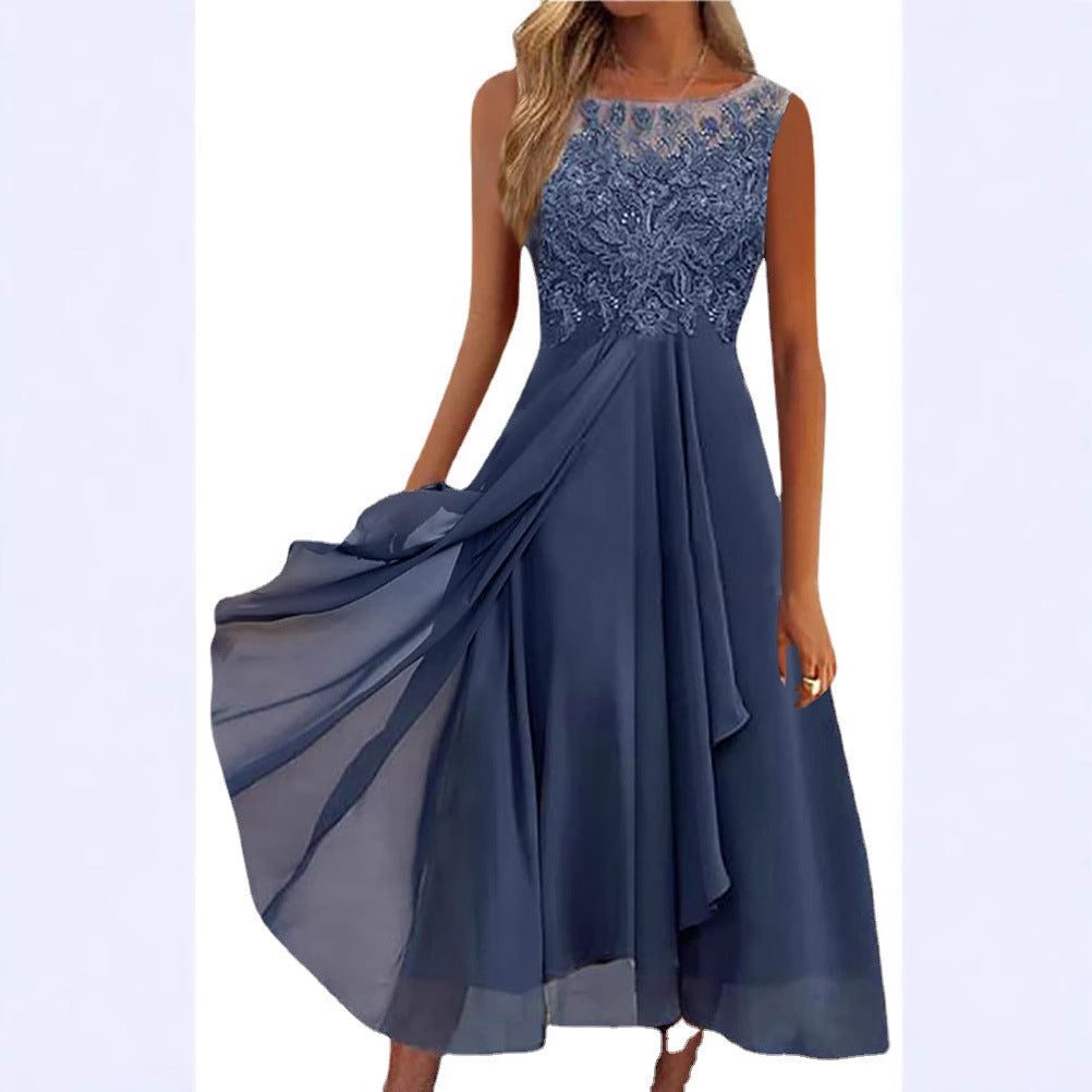 Women's sleeveless chiffon midi dress with embroidered illusion lace, boat neckline, and multilayer flared skirt StylebySassy