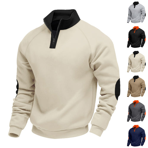 Men's half-zip fleece pullover with a high stand collar and contrasting elbow patches StylebySassy