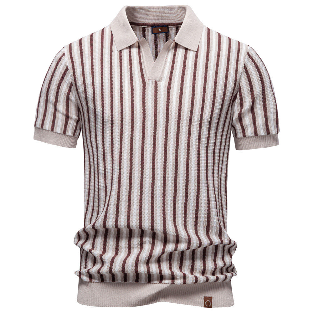 Men's striped knit polo shirt short sleeve made of fine cotton blend with polo collar and ribbed cuffs StylebySassy