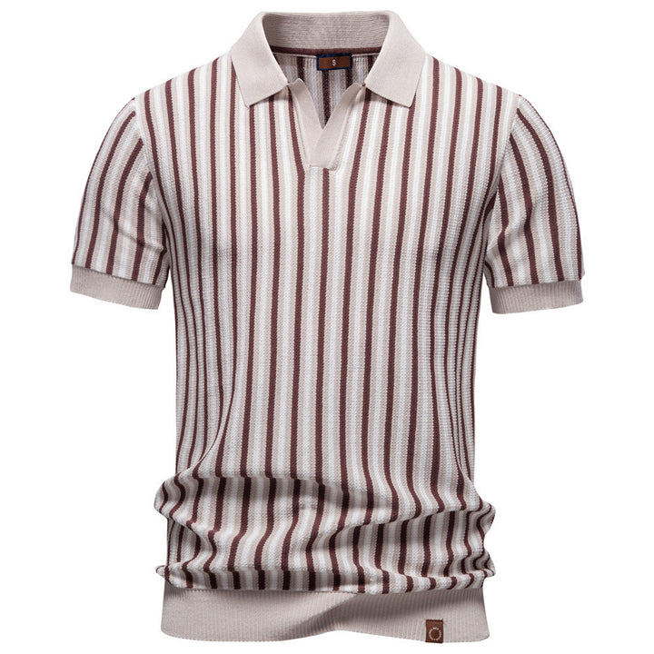 Men's striped knit polo shirt short sleeve made of fine cotton blend with polo collar and ribbed cuffs StylebySassy