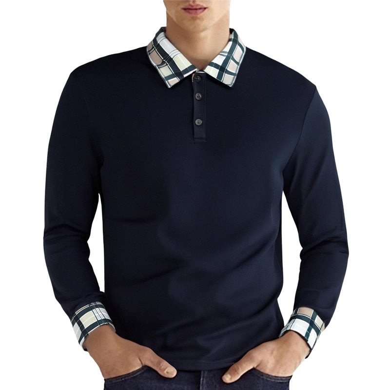 Men's figure-hugging long-sleeve polo shirt with checked collar and cuff trim StylebySassy