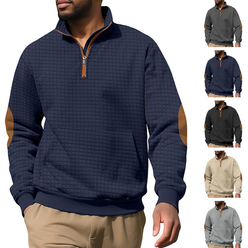 Men's waffle texture half-zip with stand-up collar, kangaroo pocket, and suede look elbow patches StylebySassy