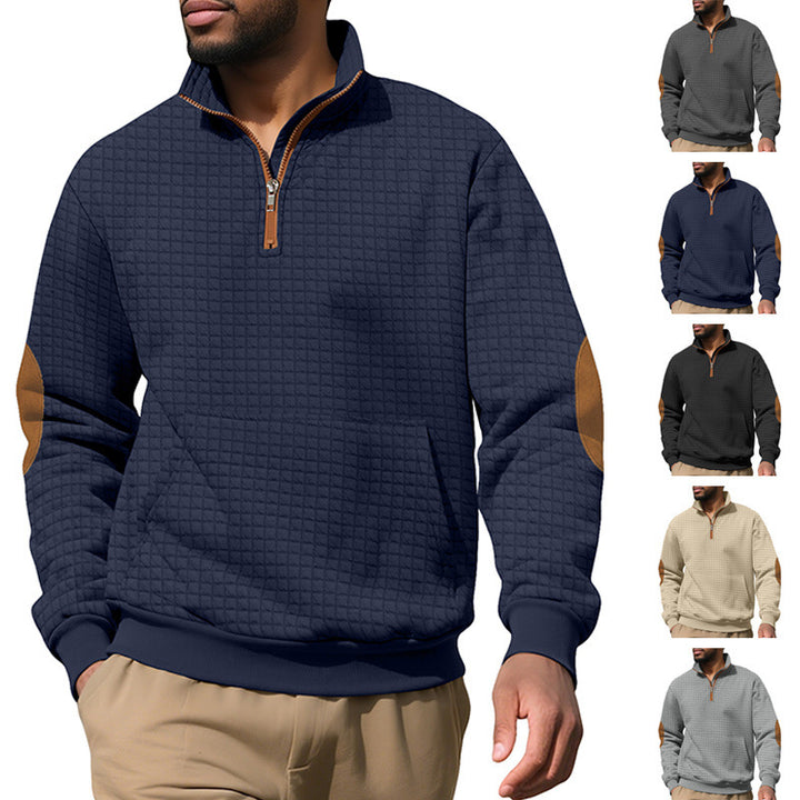 Men's waffle texture half-zip with stand-up collar, kangaroo pocket, and suede look elbow patches StylebySassy