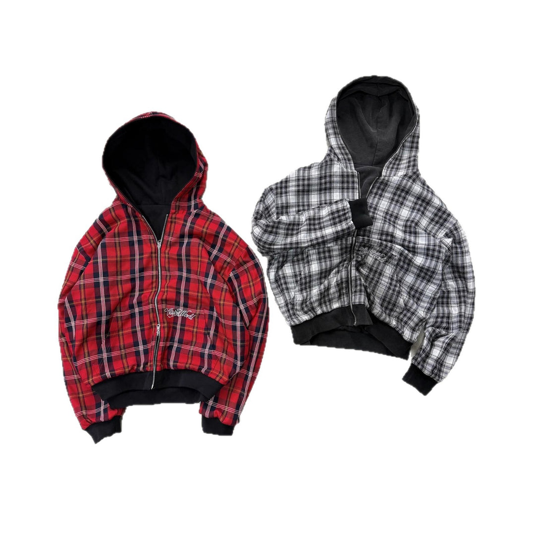 Unisex nan reversible hoodie jacket with checked lining, full zip and kangaroo pocket StylebySassy