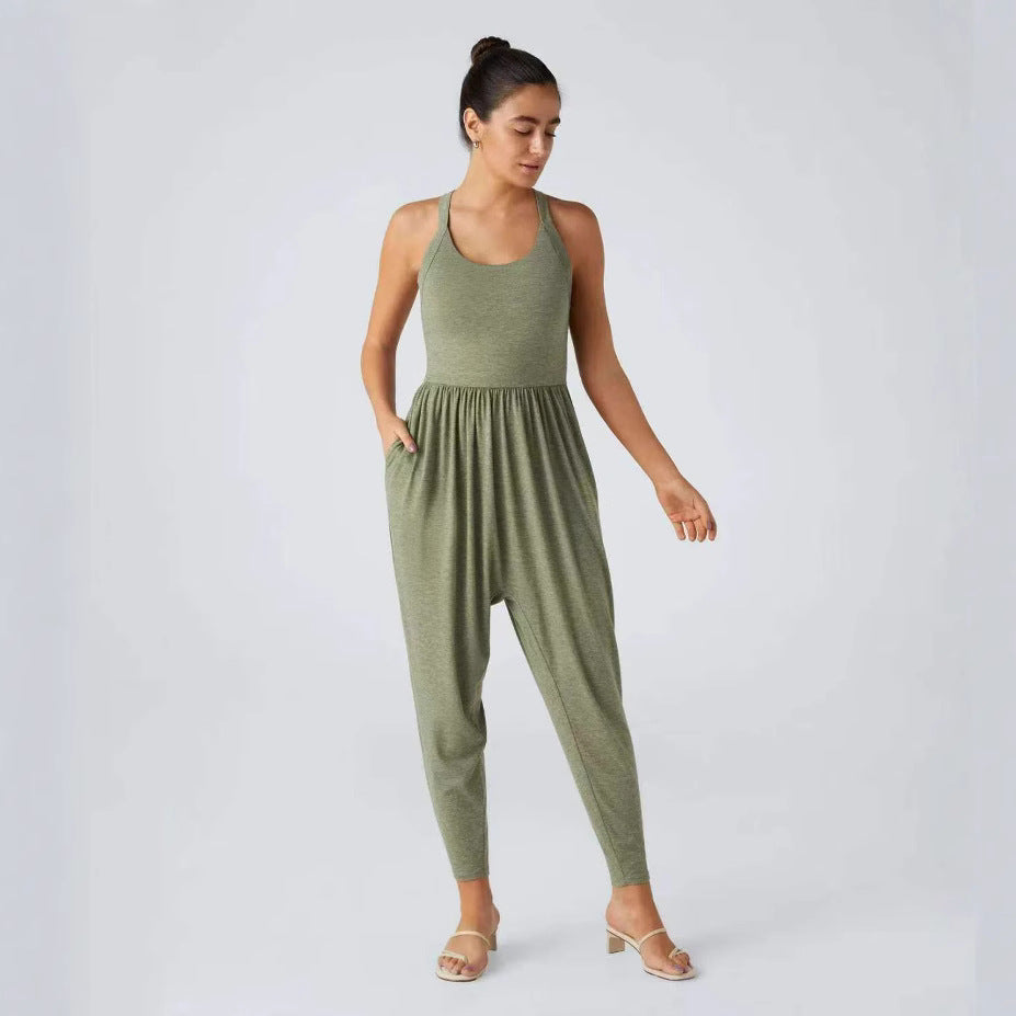 Women's casual jersey jumpsuit with racerback, smocked waist and side pockets StylebySassy