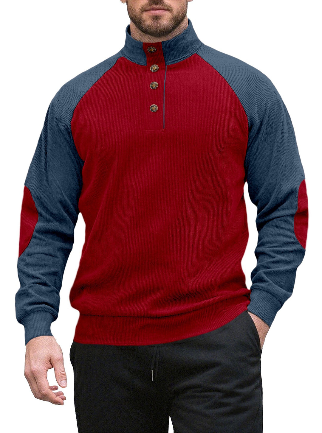 Men's two-tone ribbed troyer with asymmetrical button placket and velour elbow patches StylebySassy