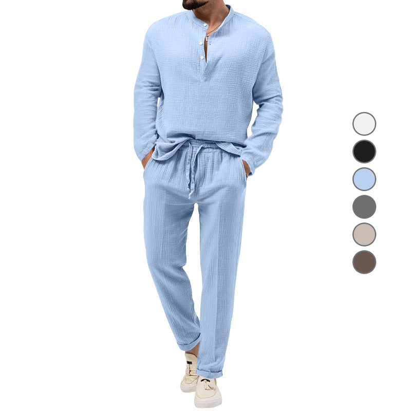 Men's muslin comfort set with semi-high collar and drawstring pants StylebySassy