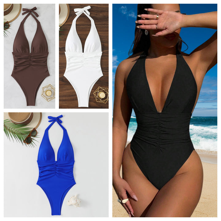 Women's high-cut swimsuit with elegant V-neckline and playful ruffle detail StylebySassy