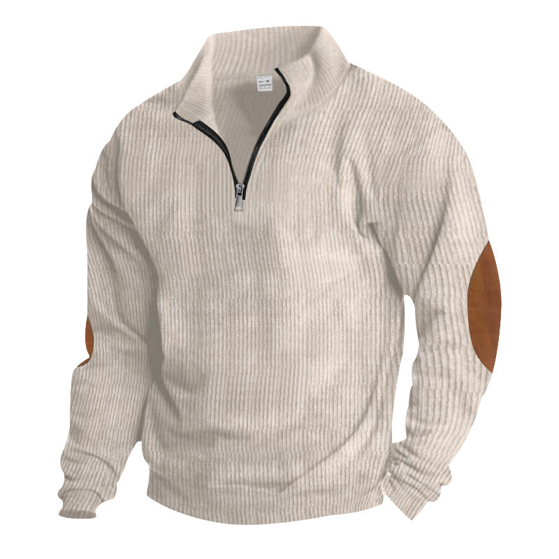 Men's knitted fine knit pullover with short zipper stand-up collar and leather-look elbow patches StylebySassy