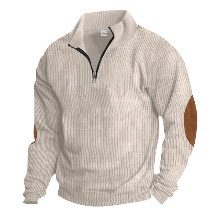 Men's knitted fine knit pullover with short zipper stand-up collar and leather-look elbow patches StylebySassy