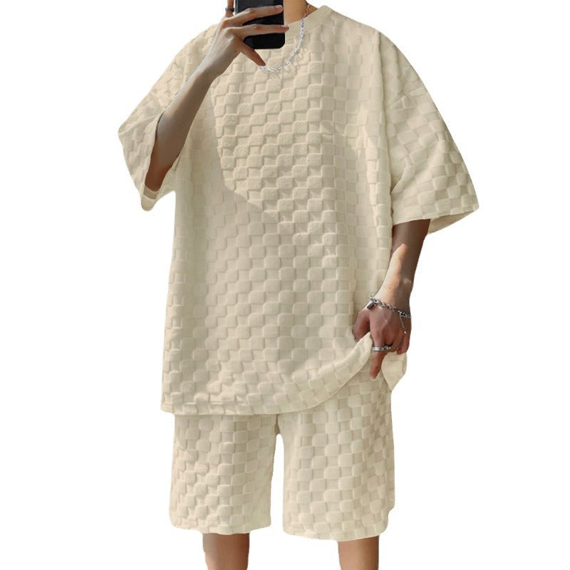 Unisex extra-large leisure set made of textured waffle quality with round neck and loose-fitting bermuda shorts StylebySassy