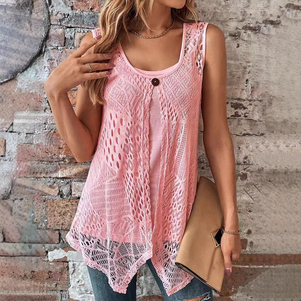 Women's crocheted A-line top with asymmetric scalloped hem and integrated jersey undershirt StylebySassy