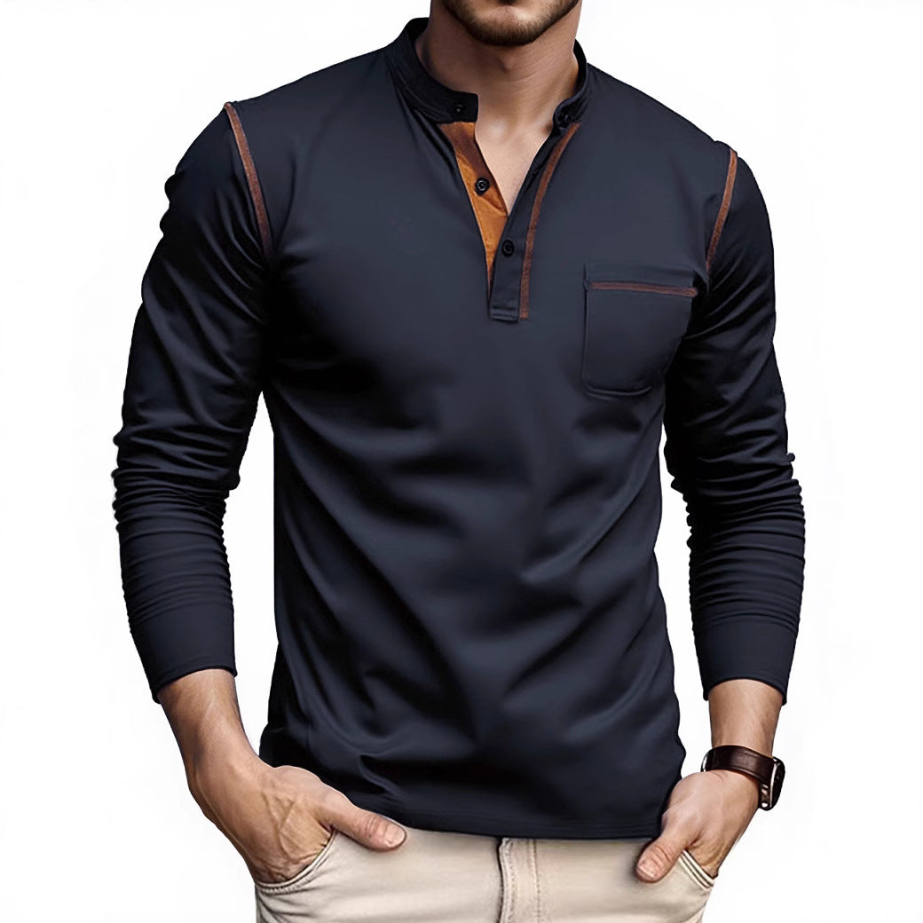 Men's Long Sleeve Shirt with Short Button Placket, Chest Pocket and Contrasting Decorative Stitching StylebySassy