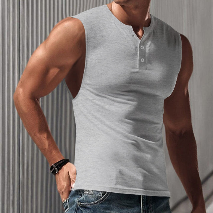Men's sleeveless muscle shirt with Henley button placket, deep armhole, and elastic cotton blend StylebySassy