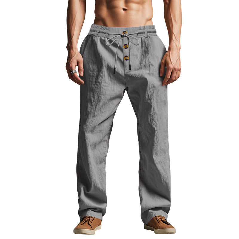 Men's relaxed pants in linen look with decorative button placket and drawstring waistband StylebySassy