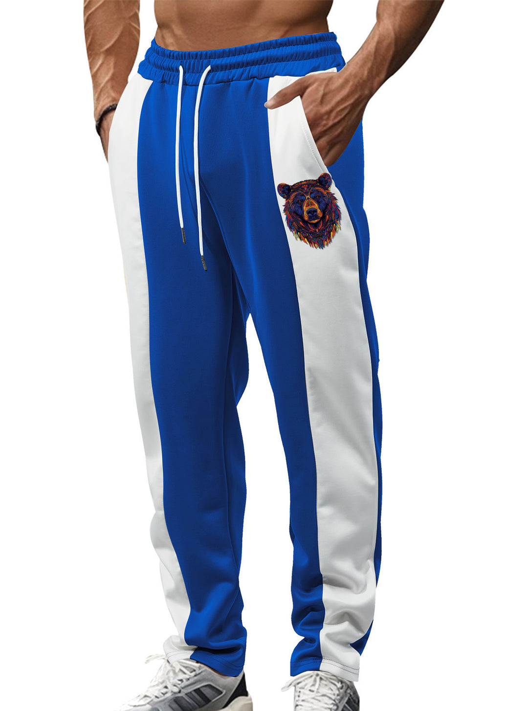 Men's sporty track pants with side contrast stripes, elastic waistband, drawstring, and deer embroidery StylebySassy