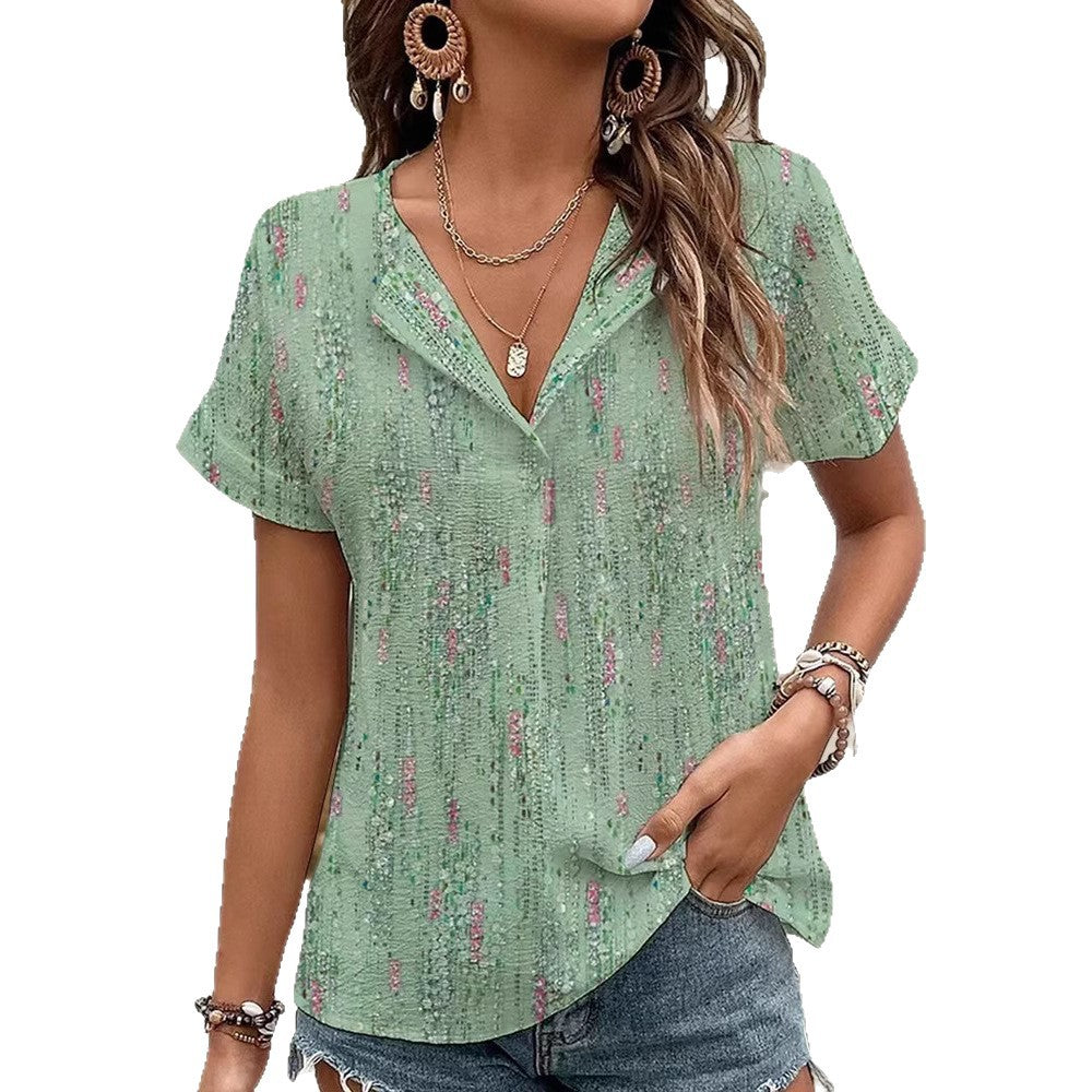 Ladies airy crinkled blouse with slit collar, short wing sleeve and curved hem StylebySassy