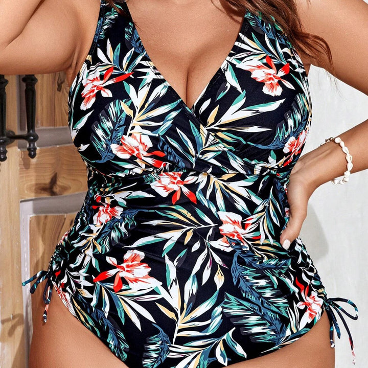 Womens One-Piece Swimsuit with Floral Wrap Design and Figure-Shaping Gatherings StylebySassy