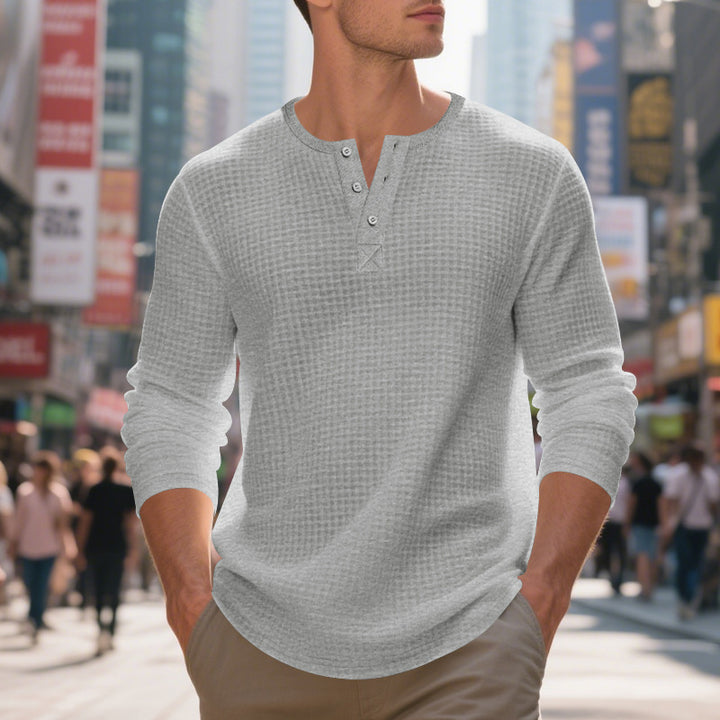 Men's nano thermoregulating waffle thermal shirt with short button placket and rounded hem StylebySassy