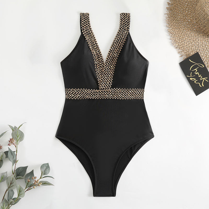 Women's One-Piece Swimsuit with Elegant V-Neck and Golden Details StylebySassy