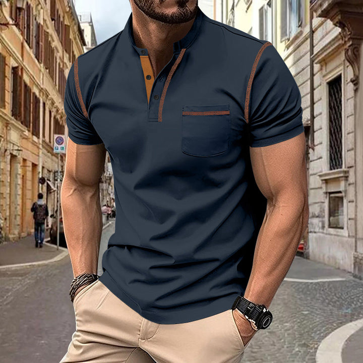 Men's short-sleeve polo in Henley style with stand-up collar, chest pocket and contrast stitching StylebySassy