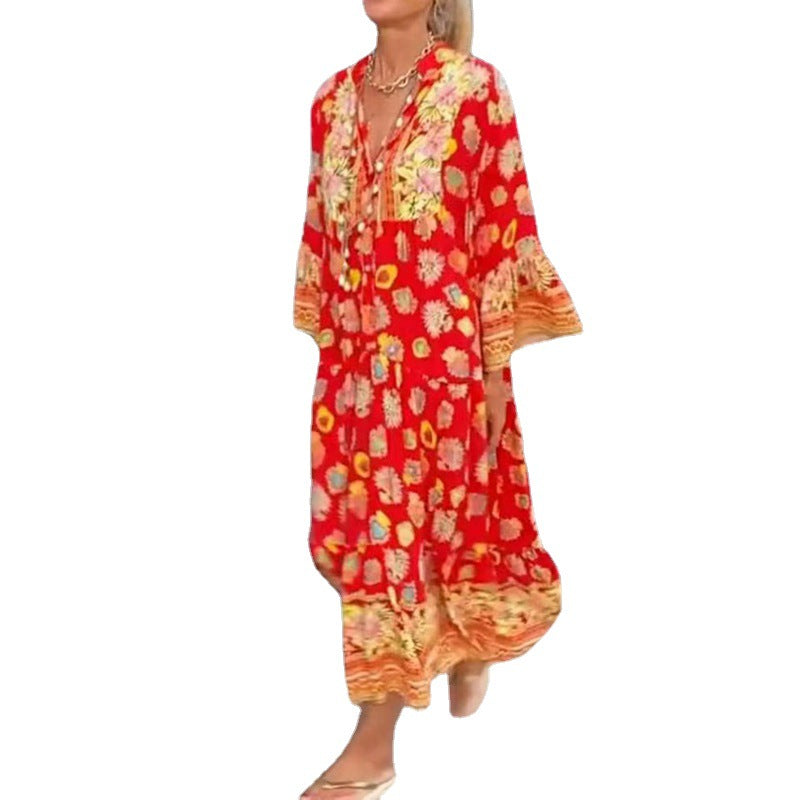 Women's airy kaftan midi dress with folk-inspired border print, V-neckline, tassel ties, and flounce bell sleeves StylebySassy
