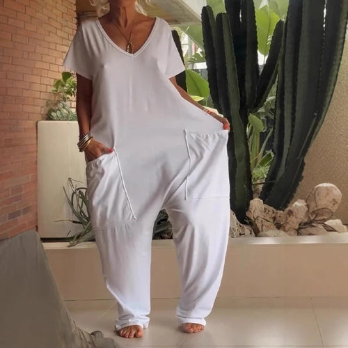 Women's comfortable oversized jumpsuit with V-neck, deep crotch and inset pockets StylebySassy