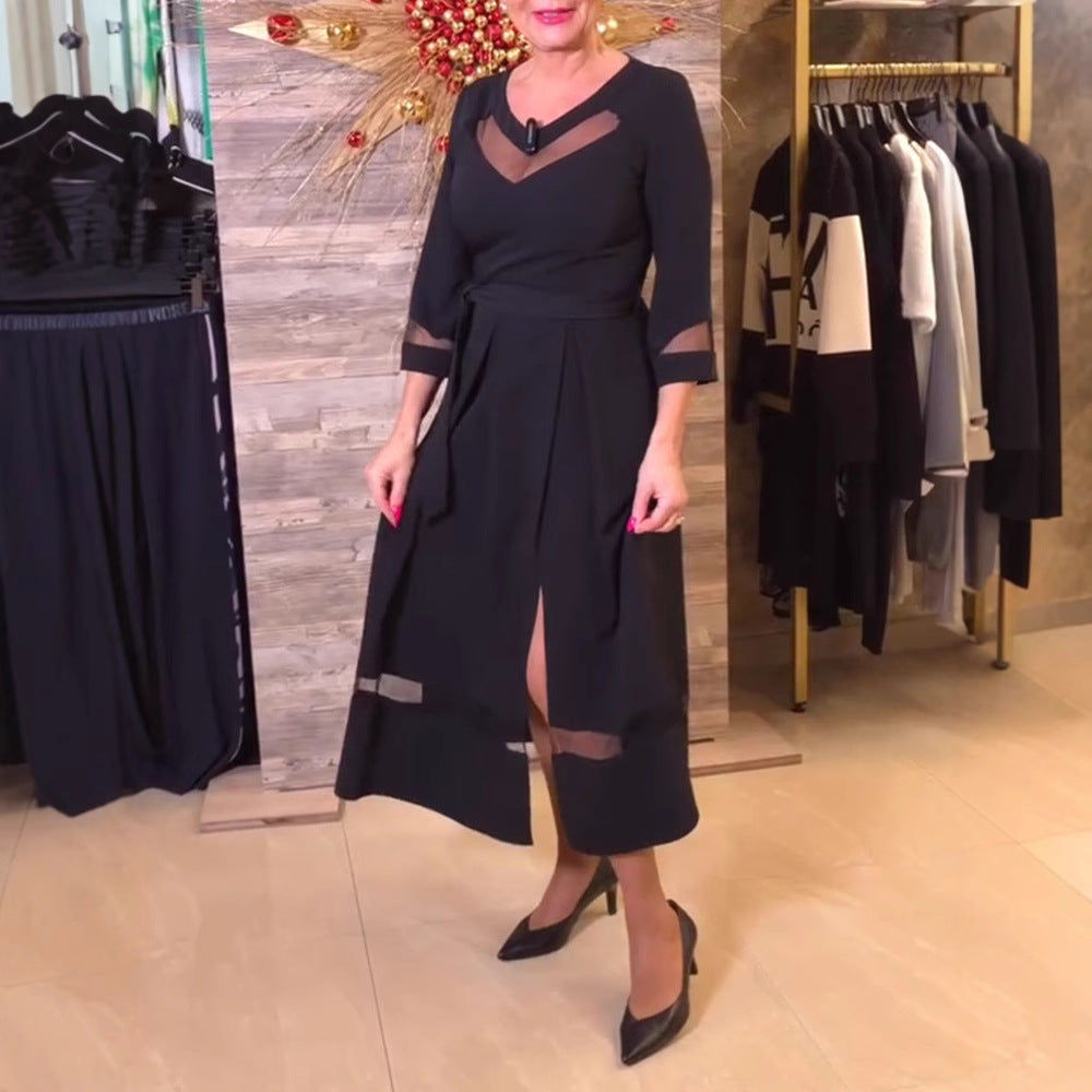 Women's fitted midi dress with transparent mesh inserts, tie belt and feminine A-line StylebySassy