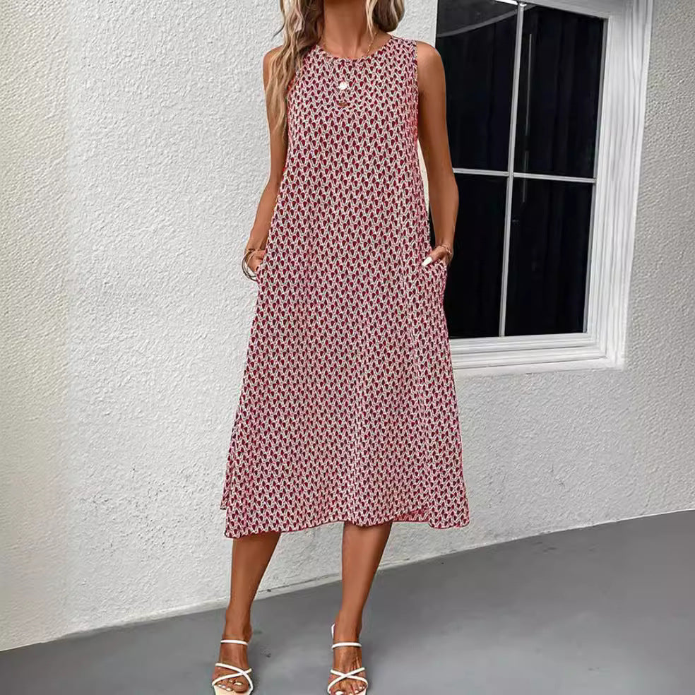Women's sleeveless summer midi dress in A-line with round neckline, side slit and casual fall StylebySassy