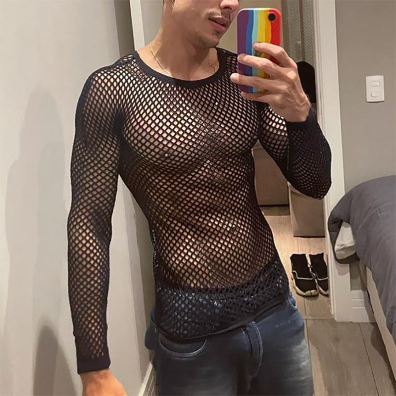 Unisex transparent diamond net long sleeve shirt with round neck StylebySassy