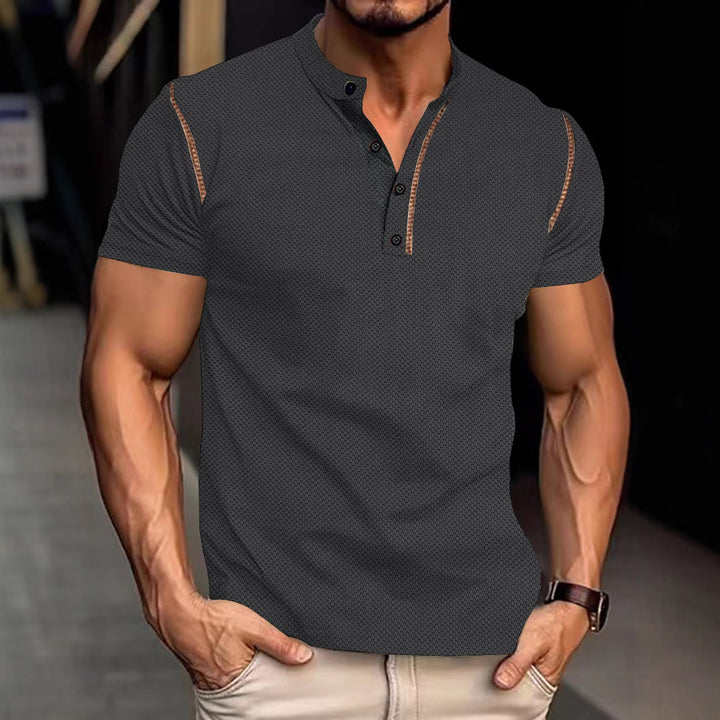 Men's tapered structured polo shirt with stand-up collar and decorative piping StylebySassy