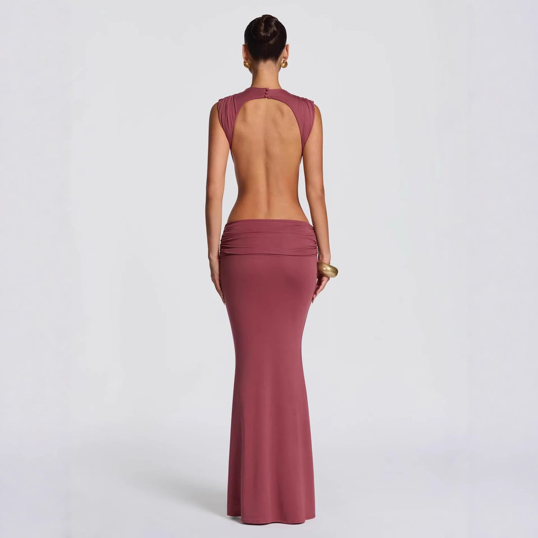 Women's Long Maxi Dress with Stylish Cut-Outs and Ruching
