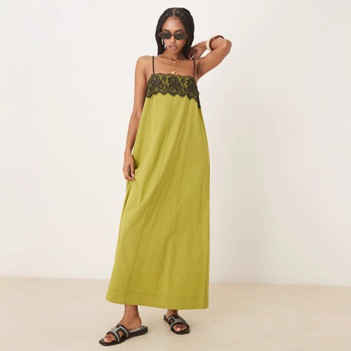 Women's nightgown inspired maxi dress with lace bustier and narrow spaghetti straps StylebySassy